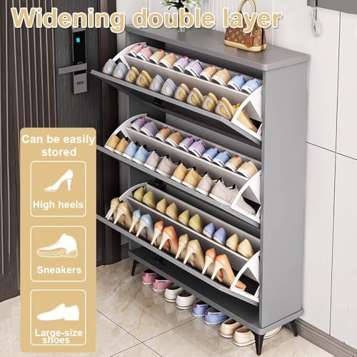 Gray Slim Shoe Cabinet with 3 Flip Drawers N270