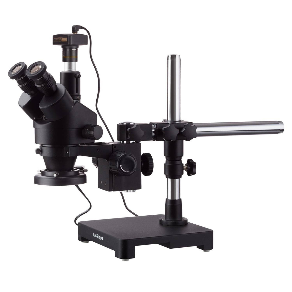 Black Trinocular Stereo Zoom Microscope on Single Arm Boom Stand with Fluorescent Ring Light and 5MP USB2.0 Camera N8966