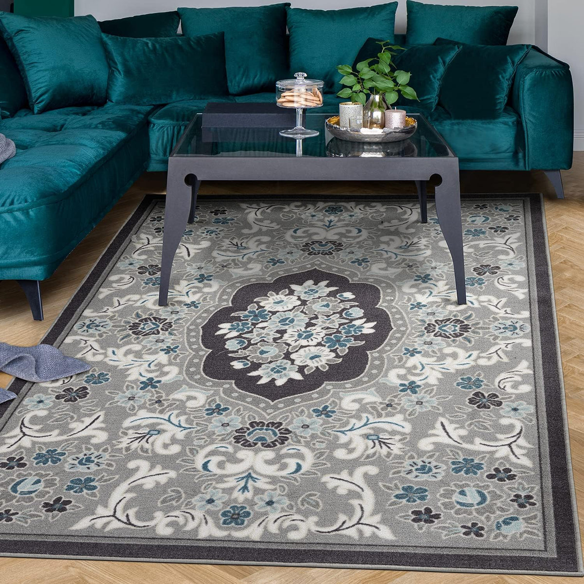 Gray 6'7" x 9' Non-Skid Rubber Backing Floral Area Rug B7860