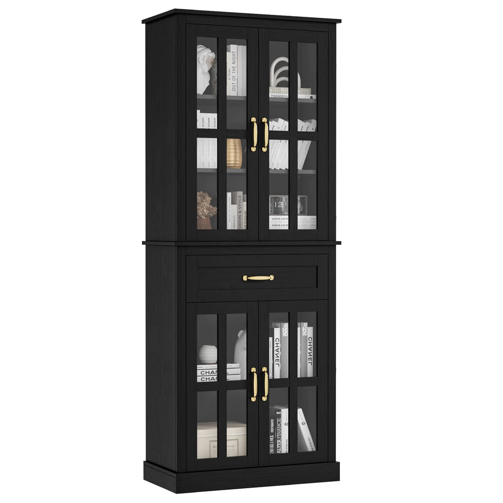 Black 71'' Wood Linen Cabinet with 4 Glass Doors H76896