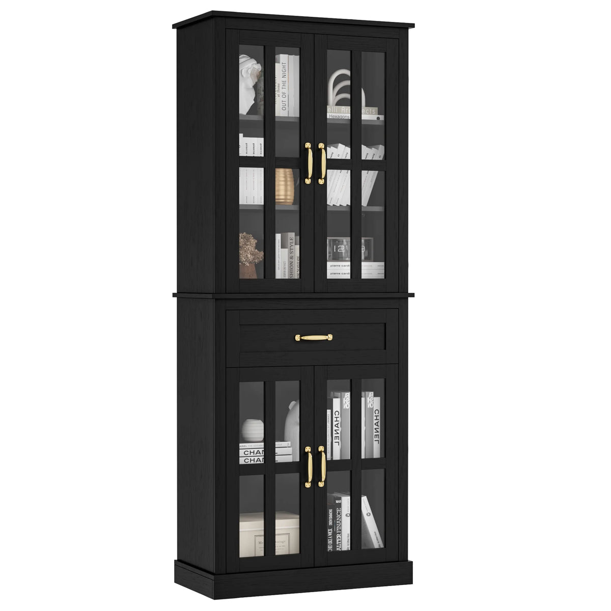 Black 71'' Wood Linen Cabinet with 4 Glass Doors H76896