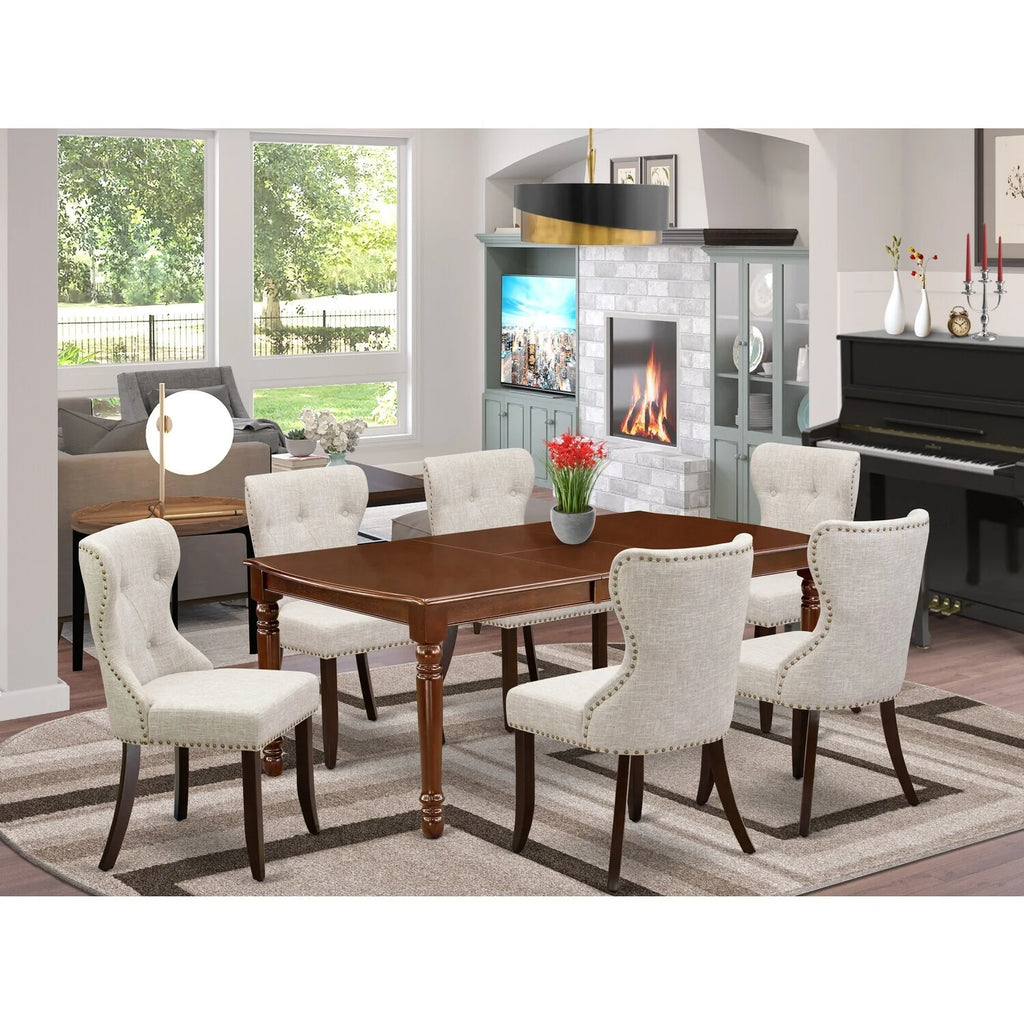 Wooden Dining Table Set of 6 Linen Fabric Chairs Mahogany M588