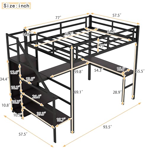 Black Full Size Gaming Loft Bed with Desk and Shelves R2077