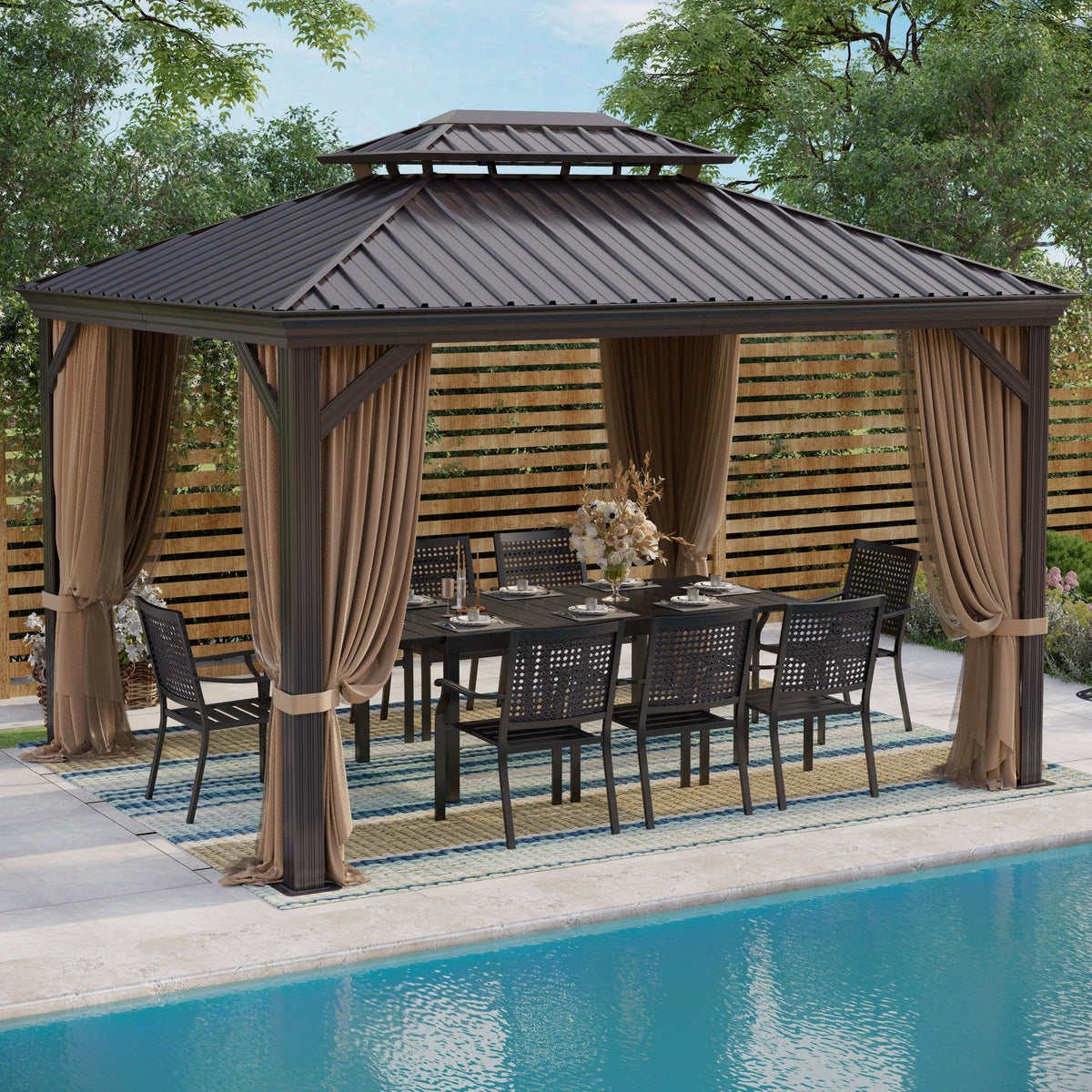 12' x 16' Hardtop Aluminum Gazebo Canopy with Netting & Curtains D5993