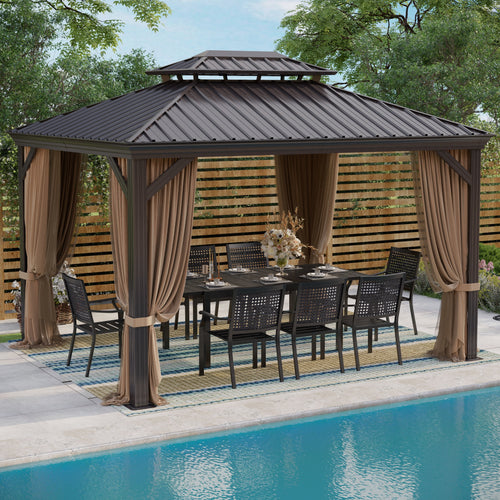 12' x 16' Hardtop Aluminum Gazebo Canopy with Netting & Curtains D5993