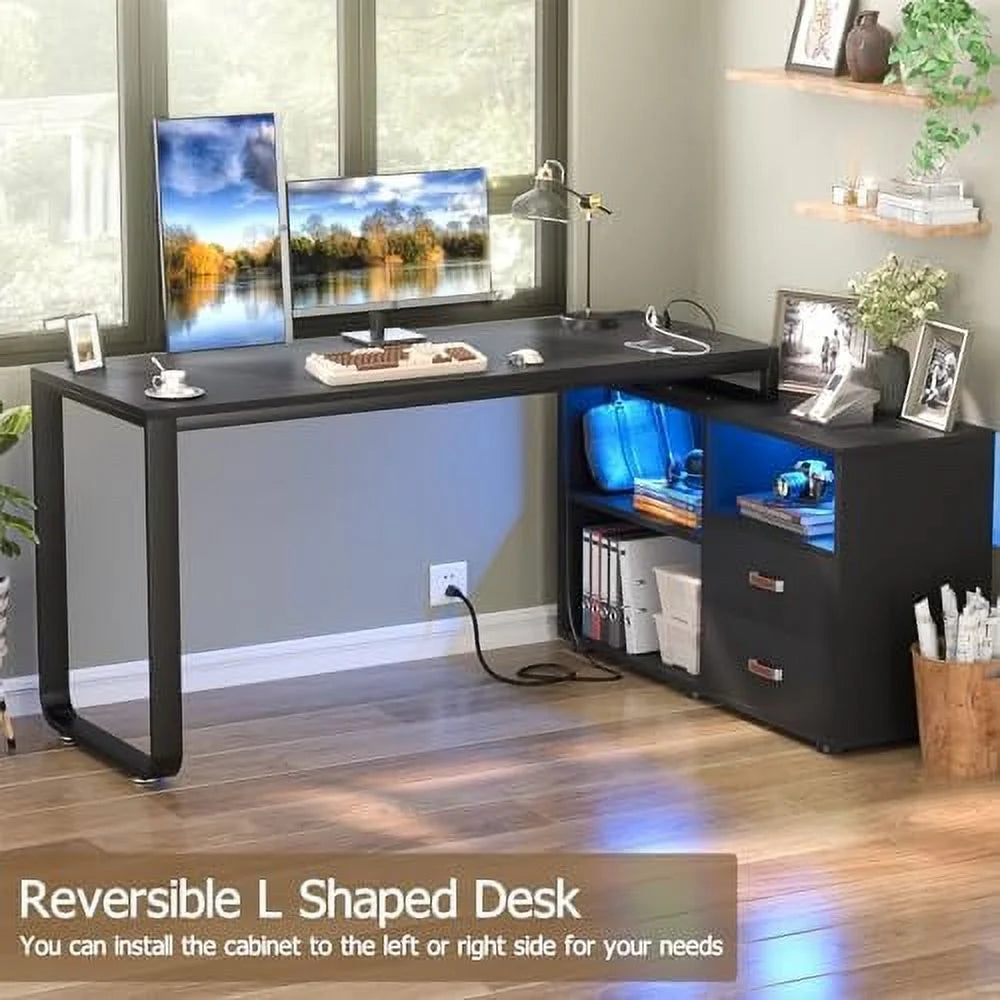 L Shaped Desk with File Cabinet and Power Outlet 55 Inch Grey Z291