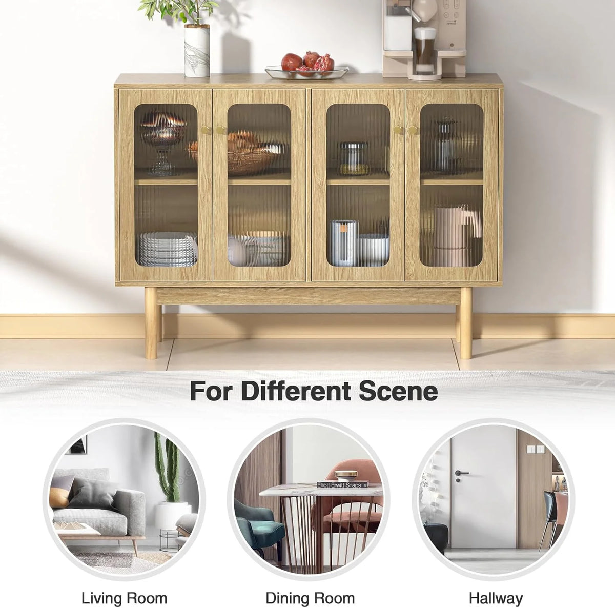 4 Door Wood Buffet Cabinet with Glass Door and Adjustable Shelves H8981