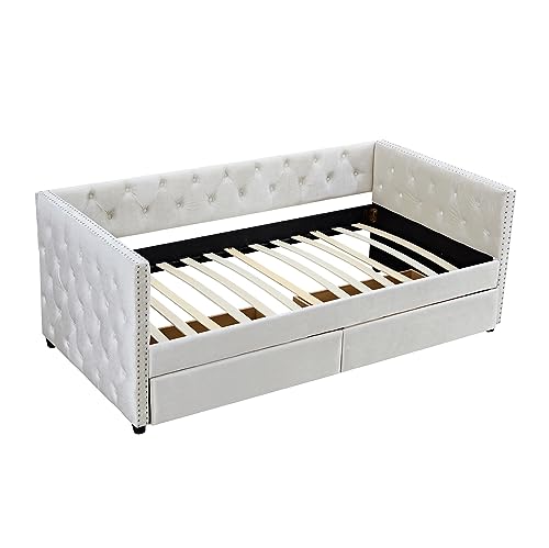Beige Velvet Twin Daybed with Storage and Drawers H55842