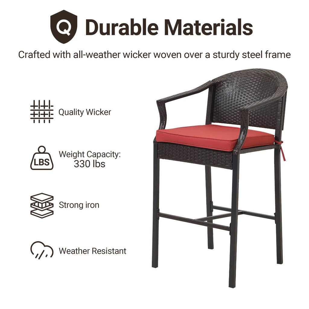 3 Pieces Red Wicker Patio Bar Stools U7140