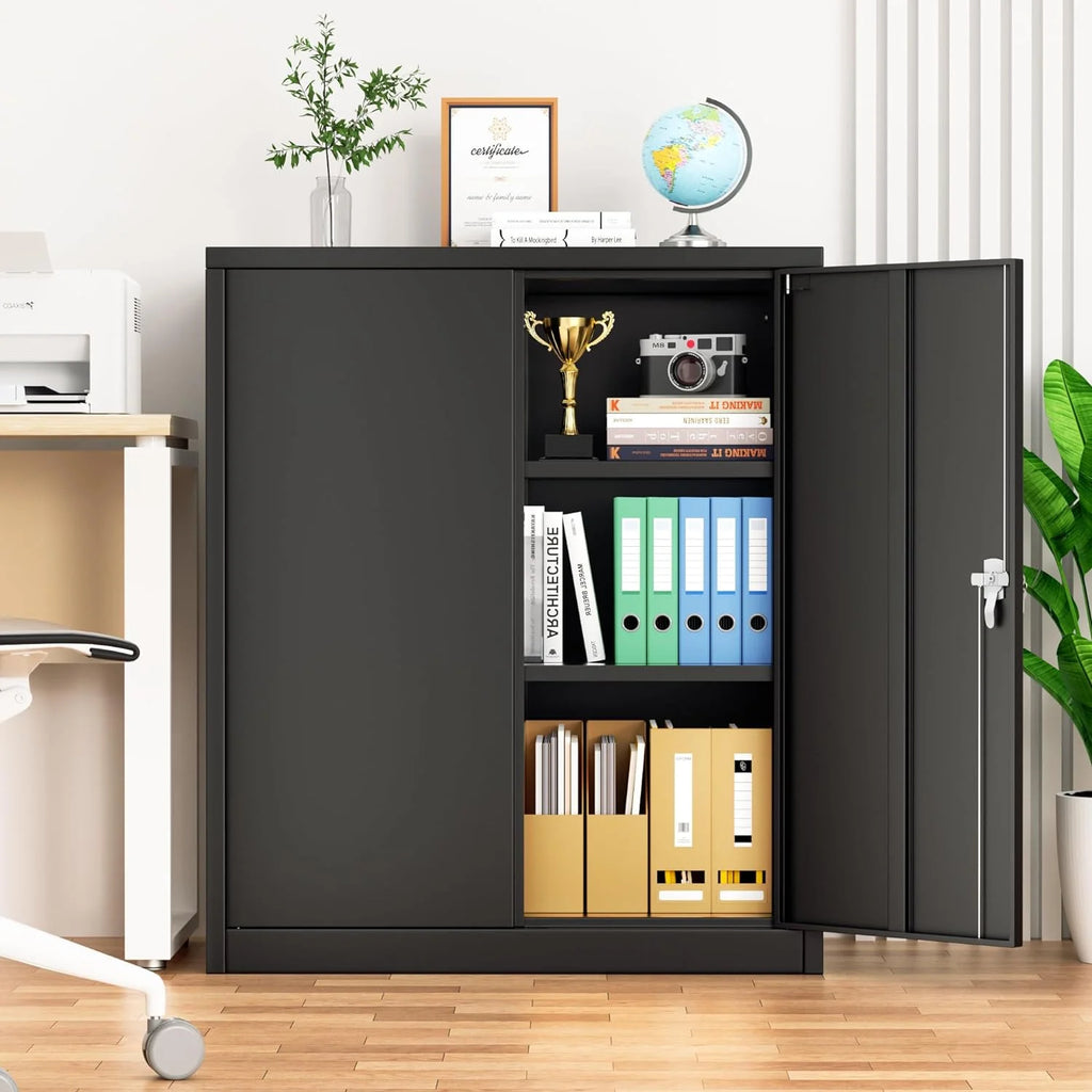 42 In Black Metal Storage Cabinet with Locking Doors and 2 Adjustable Shelves C3999