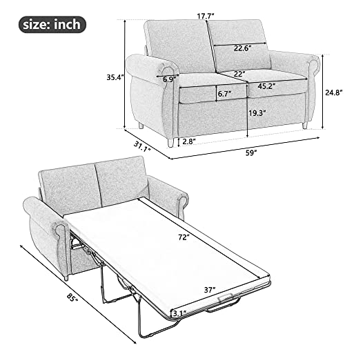 Gray Linen Pull Out Sofa Bed with Twin Memory Foam Mattress Y9415