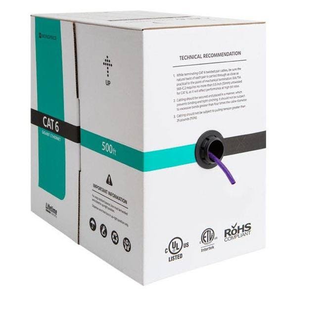 Cat6 Ethernet Bulk Cable, Solid, 550Mhz, UTP, CMR, Riser-Rated, Pure Bare Copper WIRE, 23AWG, 500ft, Purple, (UL) Z35045