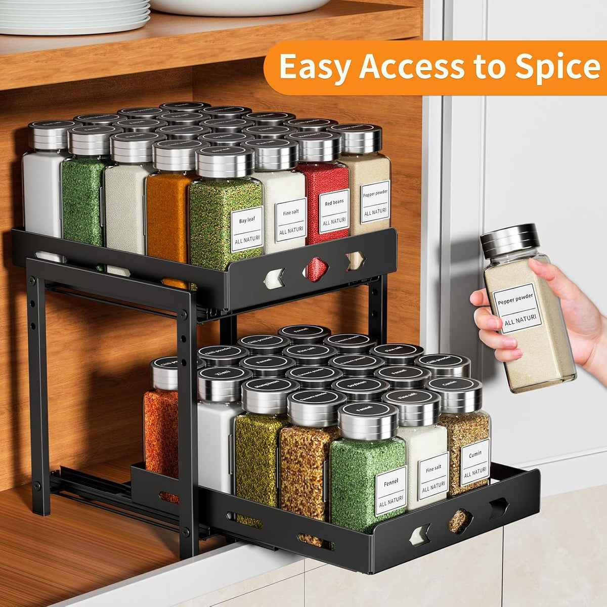 2-Tier Heavy Duty Slide Out Spice Rack, Black L60348