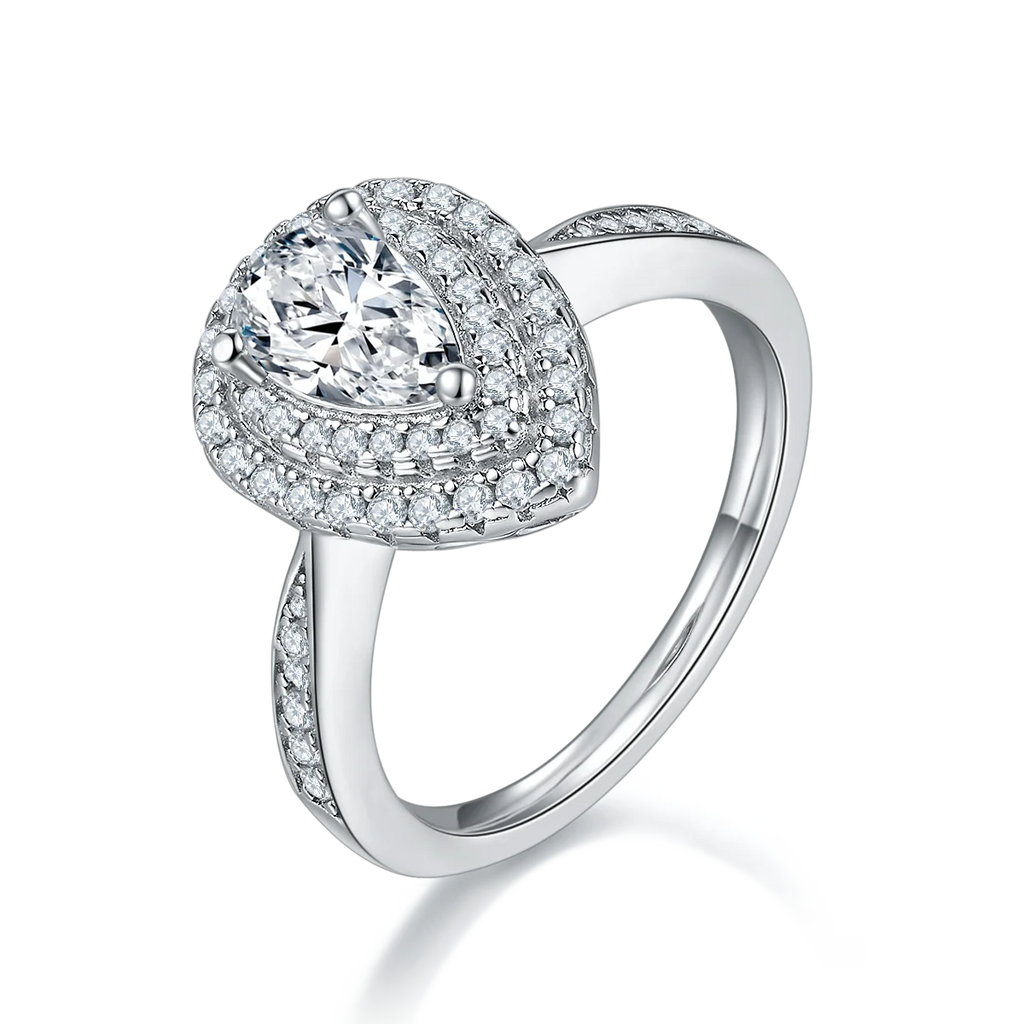 Pear Cut Moissanite Pave Set Engagement Ring In 18K White Gold Plating Over Silver V855039