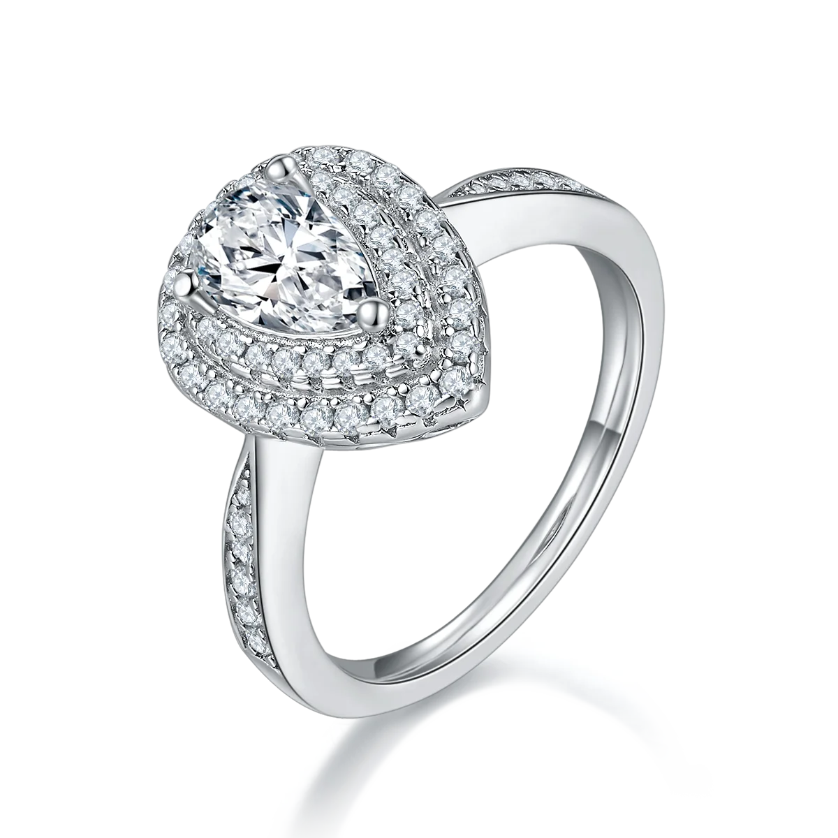 Pear Cut Moissanite Pave Set Engagement Ring In 18K White Gold Plating Over Silver V855039
