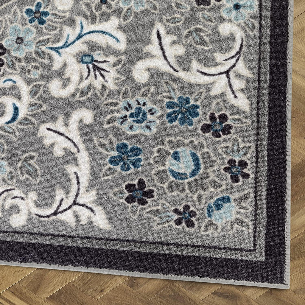Gray 6'7" x 9' Non-Skid Rubber Backing Floral Area Rug B7860
