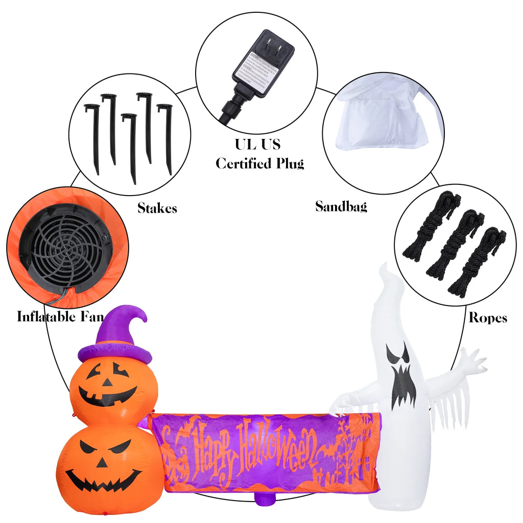 8FT Halloween Inflatables Outdoor Decoration Ghost Pumpkin Holding Happy Halloween Banner with Built-in Lights G8550