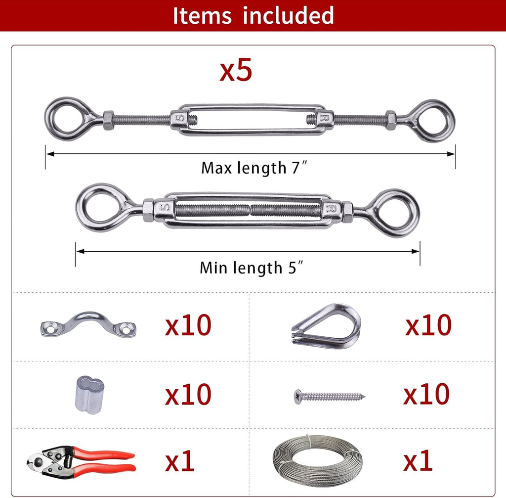 5Set 1/8 Cable Railing Kit Hardware Turnbuckle M5 Eye to Eye and 165' Wire Rope for Wood Post Stainless Steel Angle Adjustable 5 Cable Lines Z187777