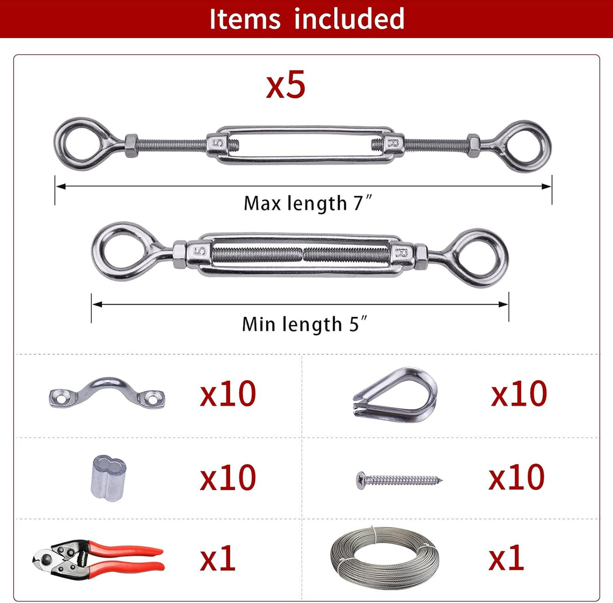 5Set 1/8 Cable Railing Kit Hardware Turnbuckle M5 Eye to Eye and 165' Wire Rope for Wood Post Stainless Steel Angle Adjustable 5 Cable Lines Z187777