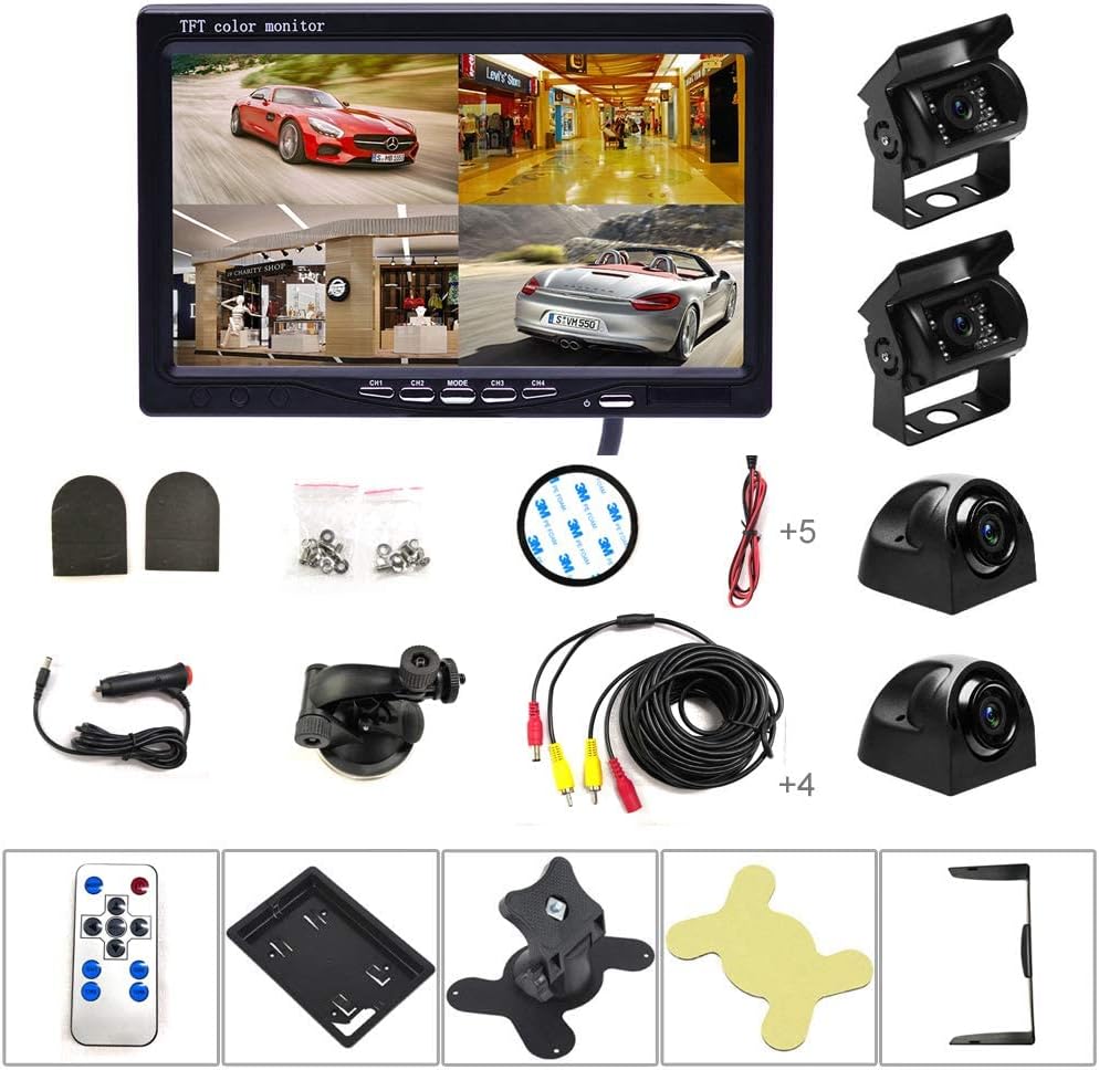 7 LCD Split Screen Backup Camera Monitor Kit with 4 Rear Cameras T553