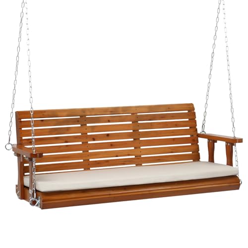 Heavy Duty Patio Wooden Porch Swing with Extra Cushion and Adjustable Chains V5117