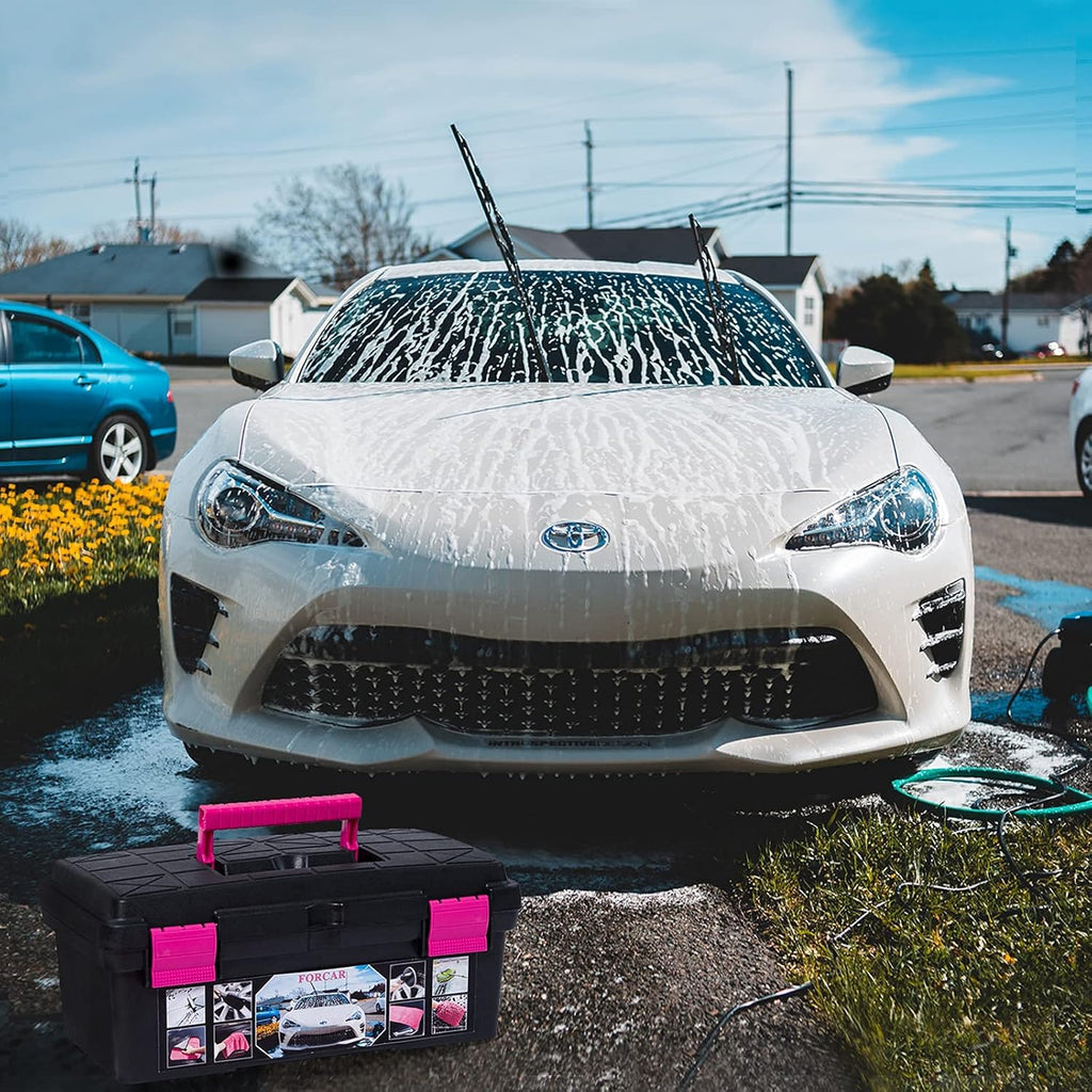 29Pcs Car Cleaning Kit Wash Tools Set with Long Handle Brush Mop, Extendable Pole, Wash Mitt, Towels, Storage Box, Pink S8992