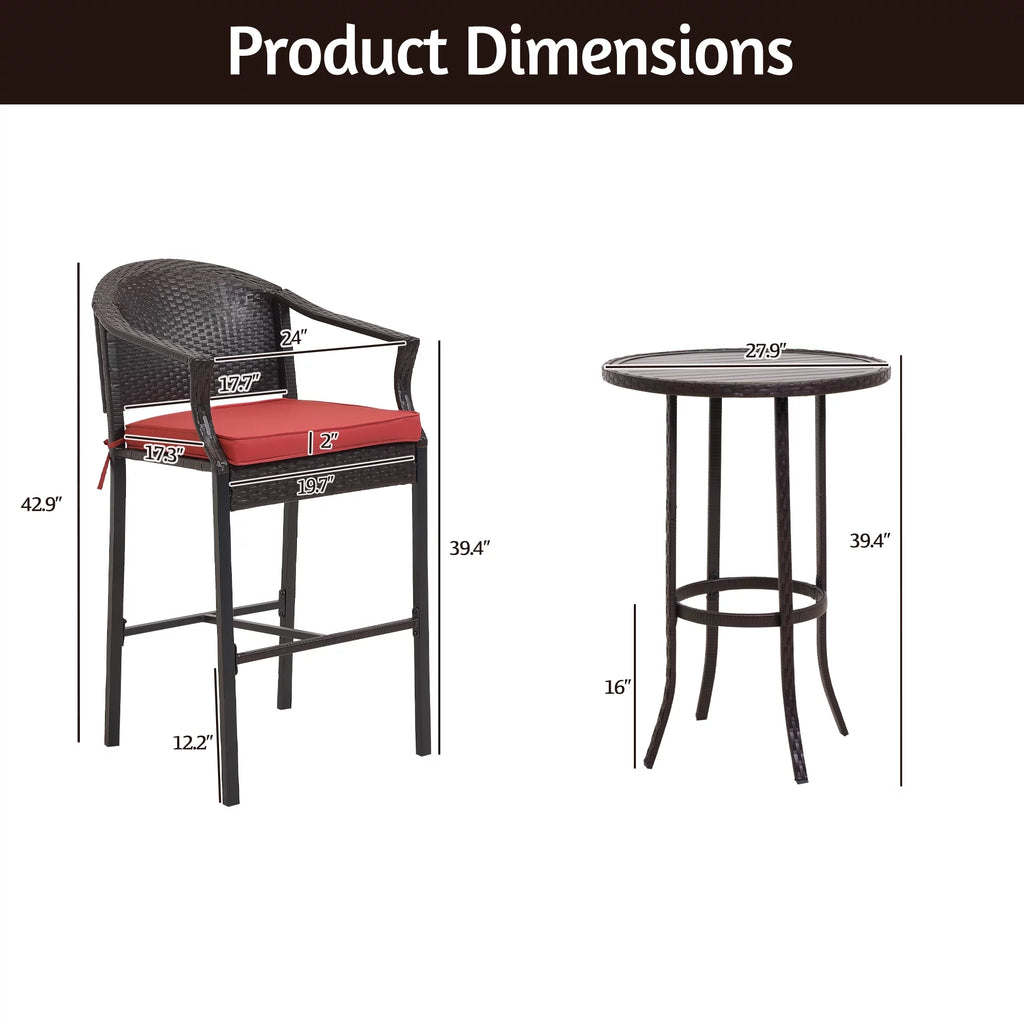 3 Pieces Red Wicker Patio Bar Stools U7140