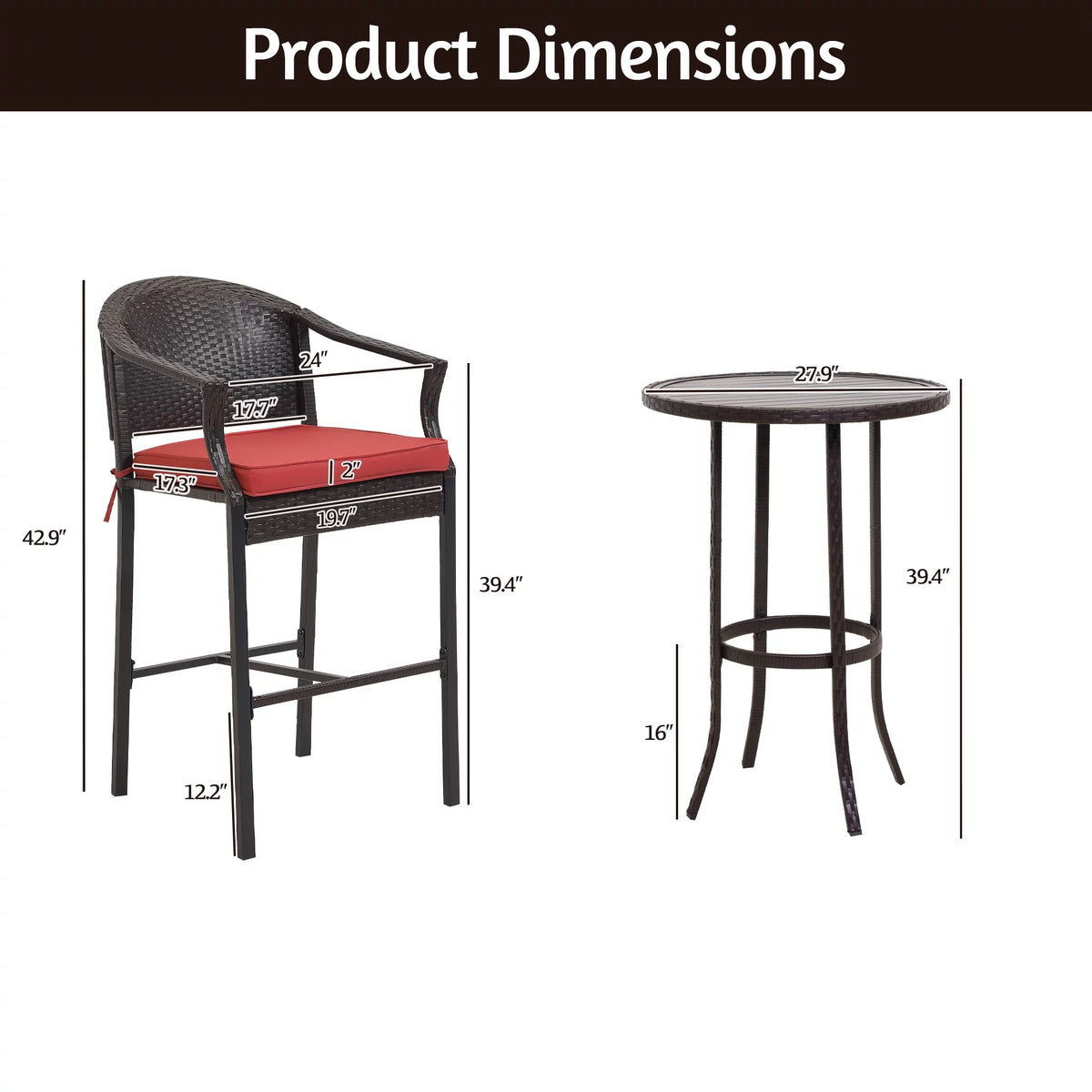 3 Pieces Red Wicker Patio Bar Stools U7140