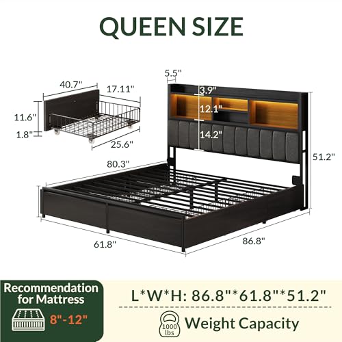 King Size Wooden Platform Bed Frame with 6 Storage Drawers and Headboard R6195