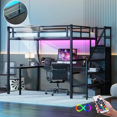 Black Full Size Gaming Loft Bed with Desk and Shelves R2077