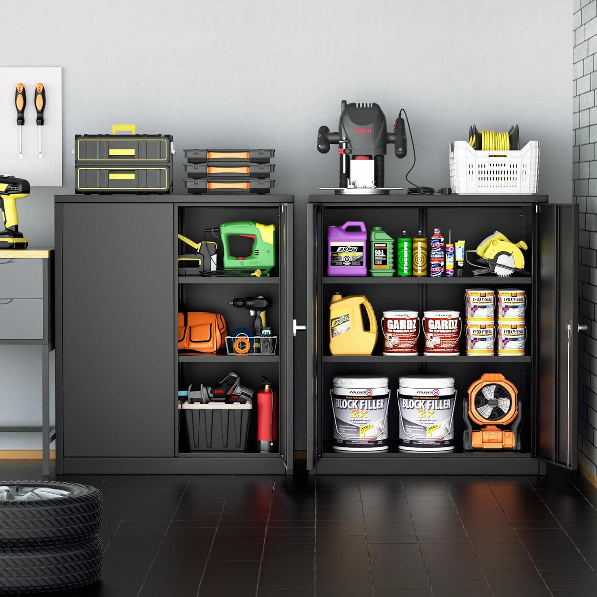 42 In Black Metal Storage Cabinet with Locking Doors and 2 Adjustable Shelves C3999