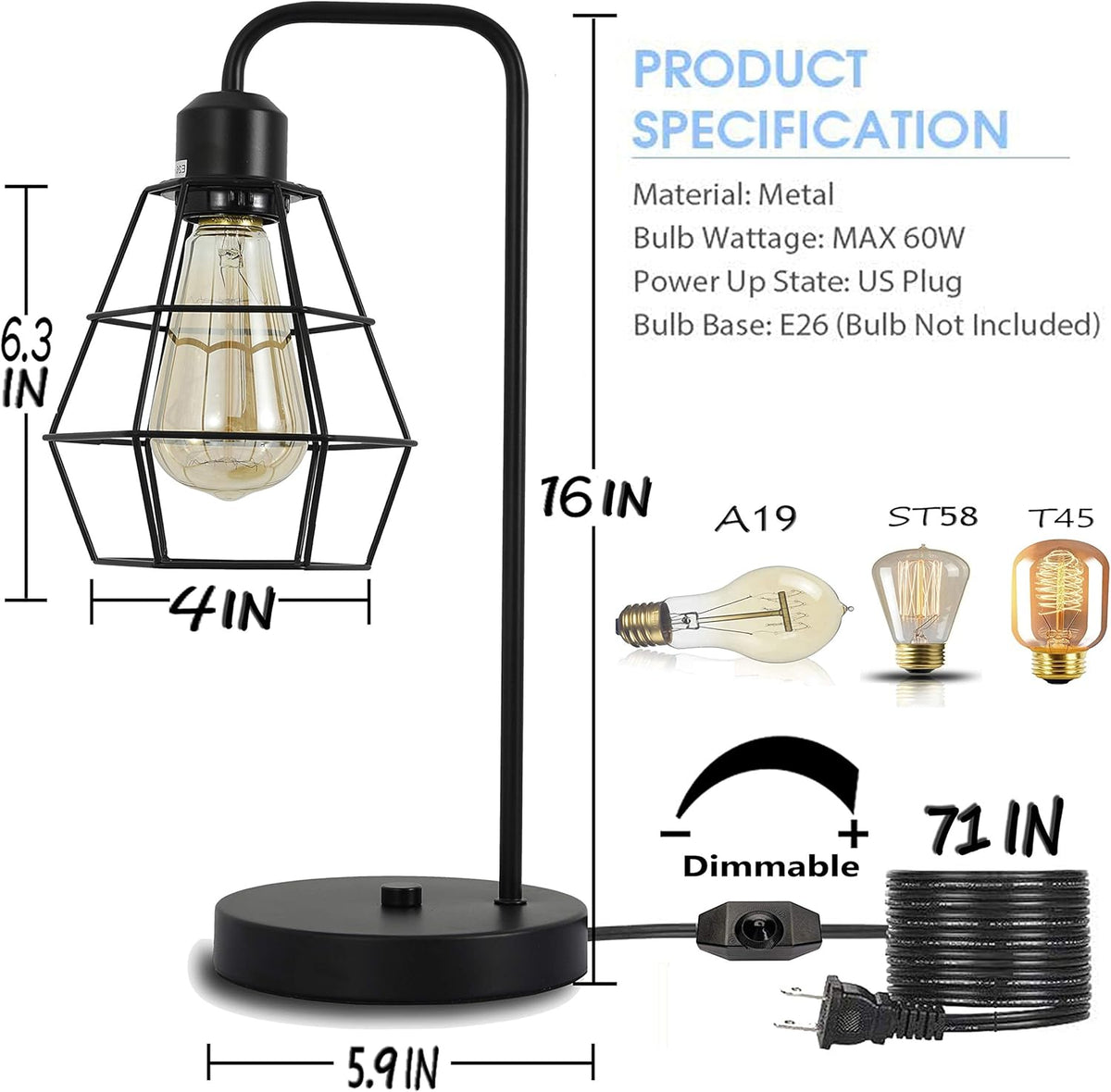 Black Vintage Industrial Metal Cage Table Lamp D4214