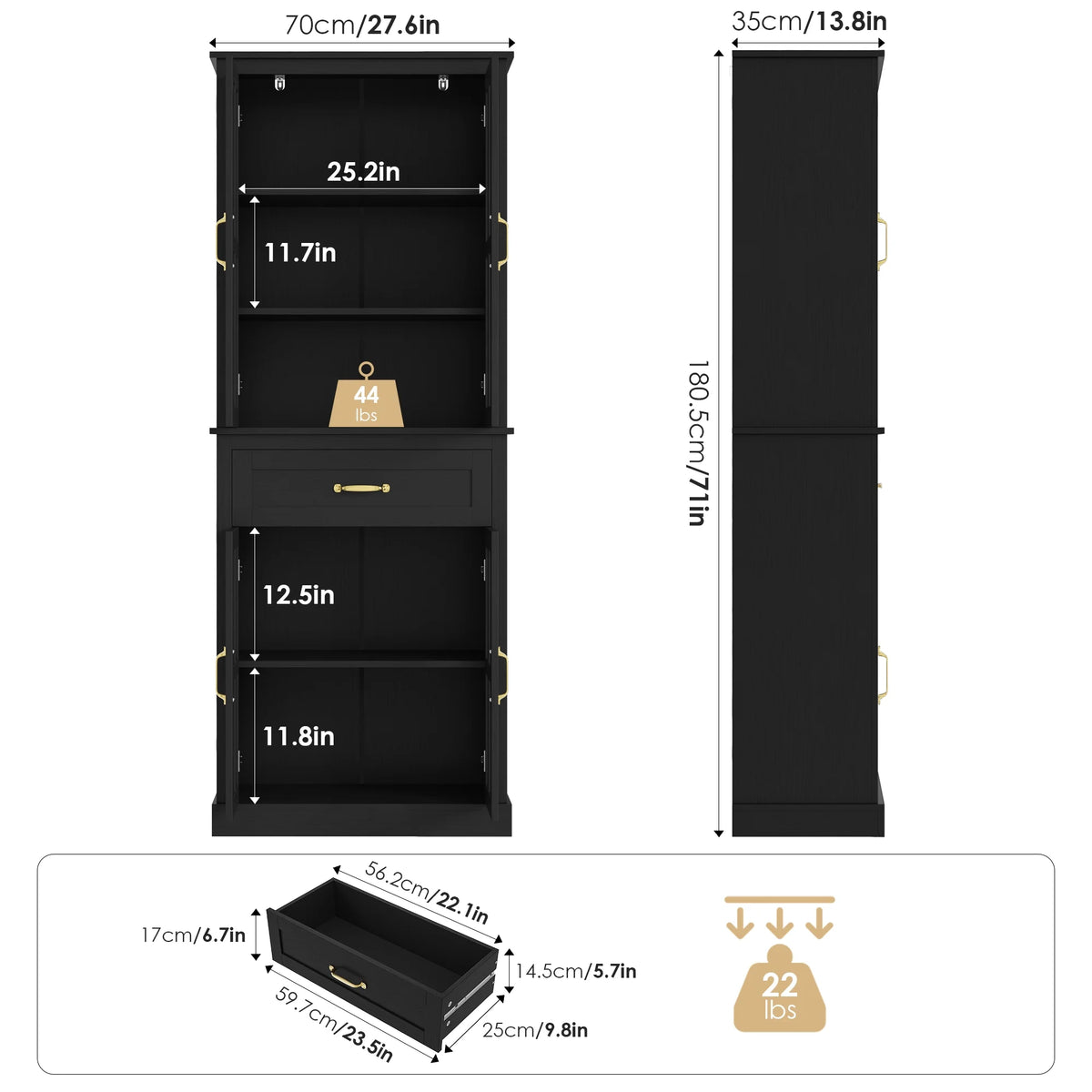 Black 71'' Wood Linen Cabinet with 4 Glass Doors H76896