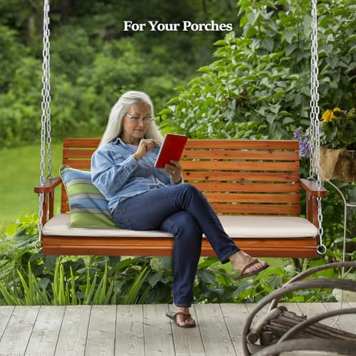 Heavy Duty Patio Wooden Porch Swing with Extra Cushion and Adjustable Chains V5117