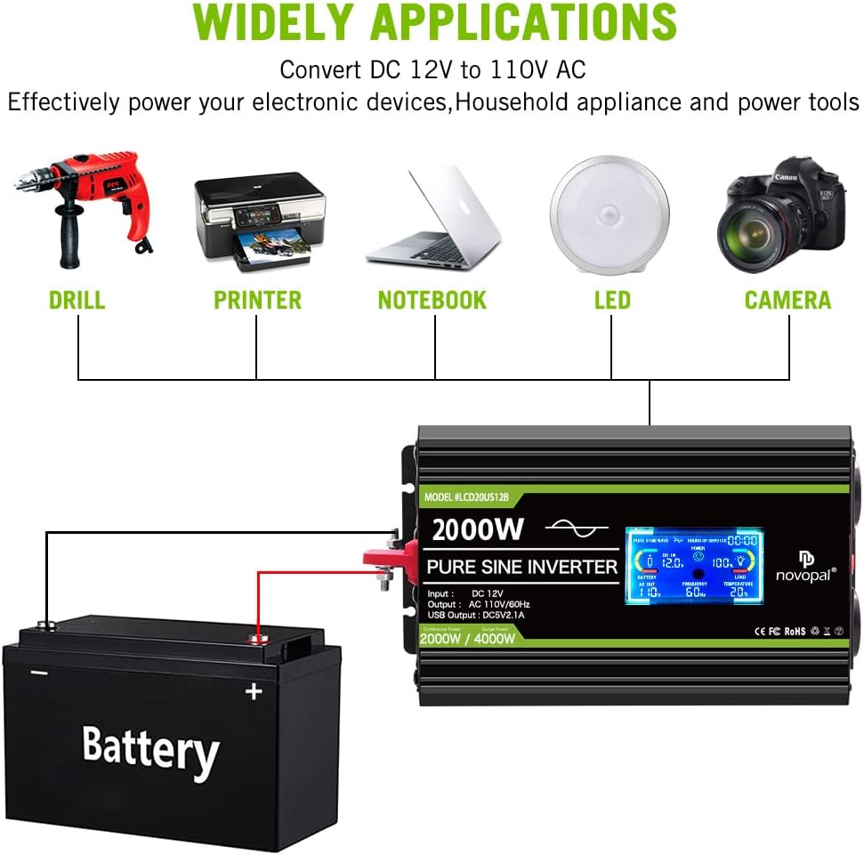2000 Watt Pure Sine Wave Power Inverter 12V DC to 110V/120V AC Converter U1222