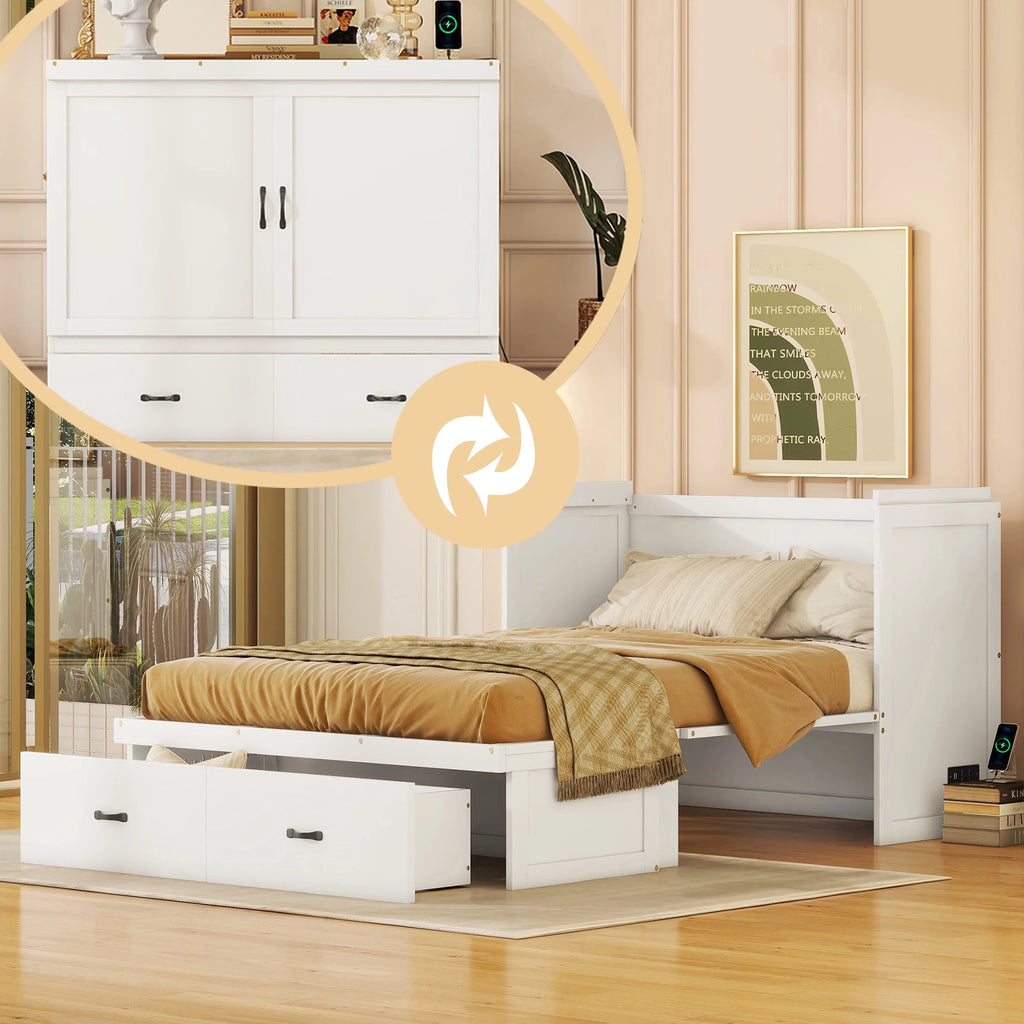 Full Size Solid Wood Murphy Bed with 2 Storage Drawers G9053