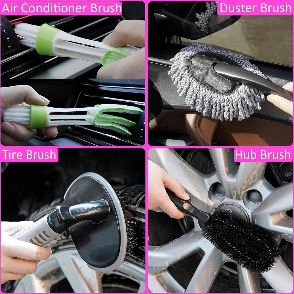 29Pcs Car Cleaning Kit Wash Tools Set with Long Handle Brush Mop, Extendable Pole, Wash Mitt, Towels, Storage Box, Pink S8992