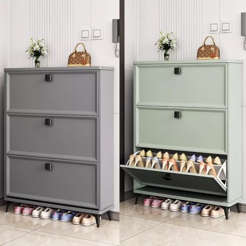 Gray Slim Shoe Cabinet with 3 Flip Drawers N270