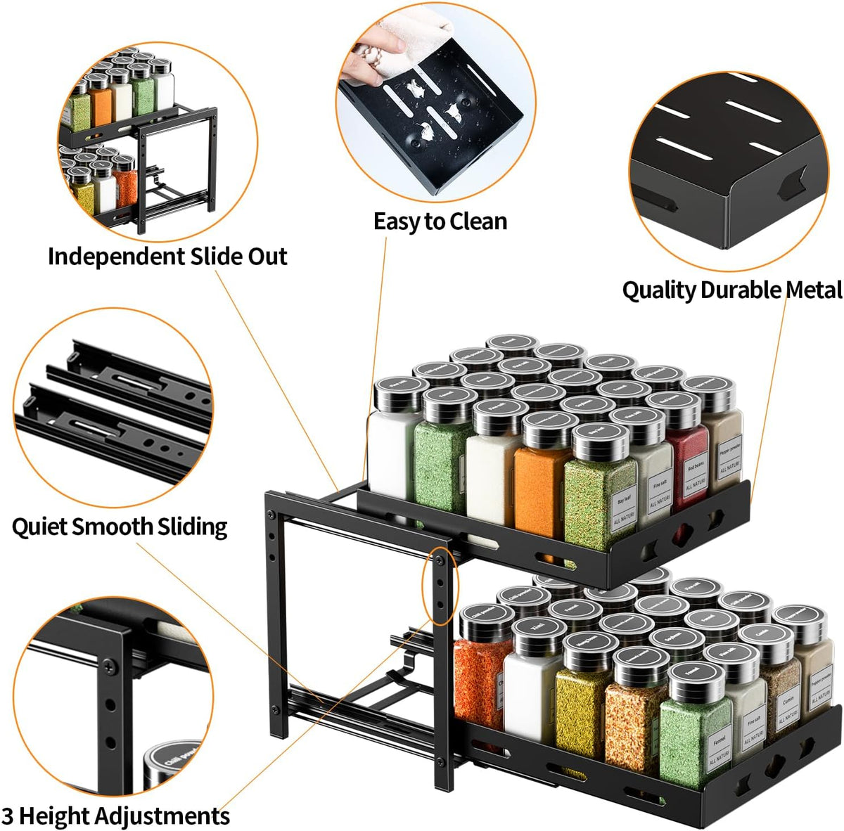 2-Tier Heavy Duty Slide Out Spice Rack, Black L60348