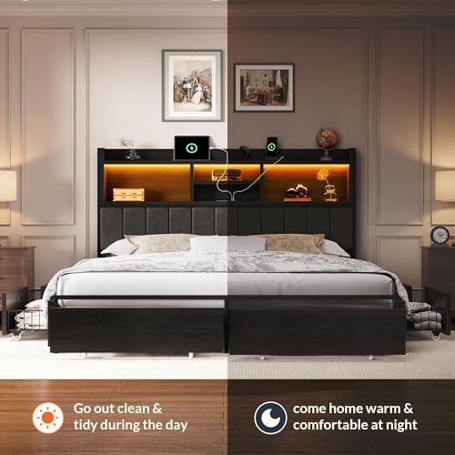 King Size Wooden Platform Bed Frame with 6 Storage Drawers and Headboard R6195