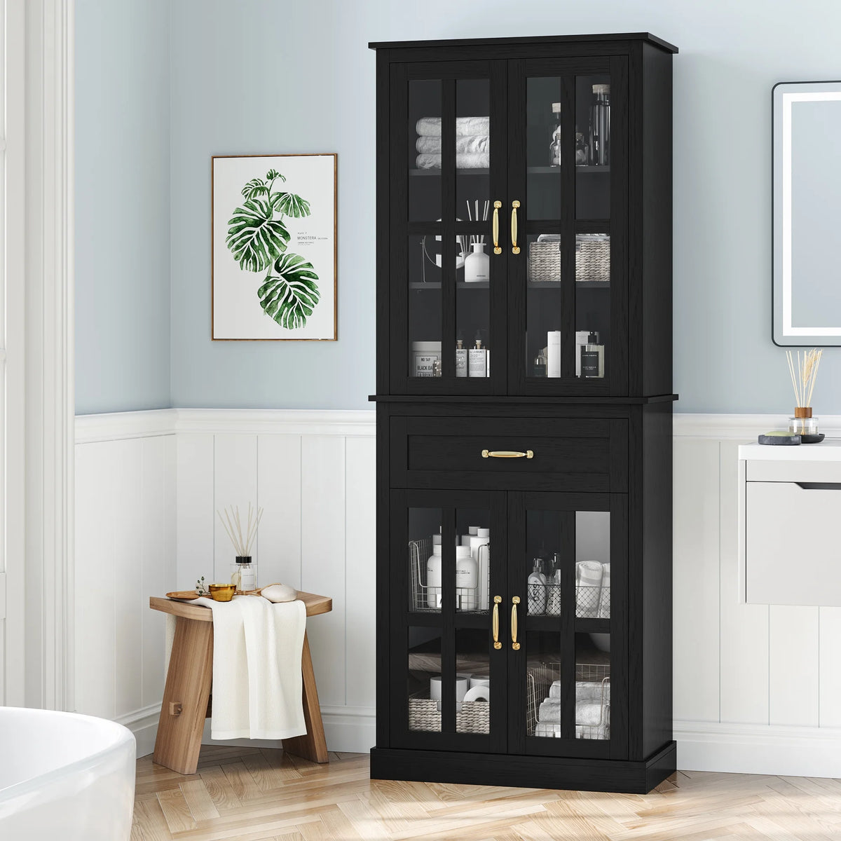 Black 71'' Wood Linen Cabinet with 4 Glass Doors H76896