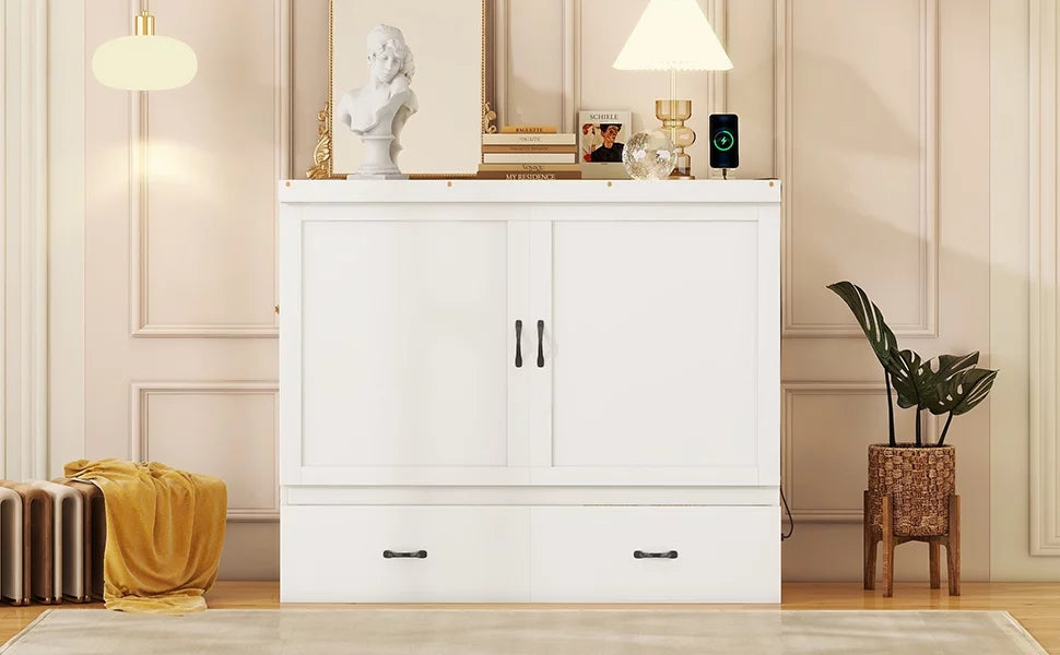 Full Size Solid Wood Murphy Bed with 2 Storage Drawers G9053