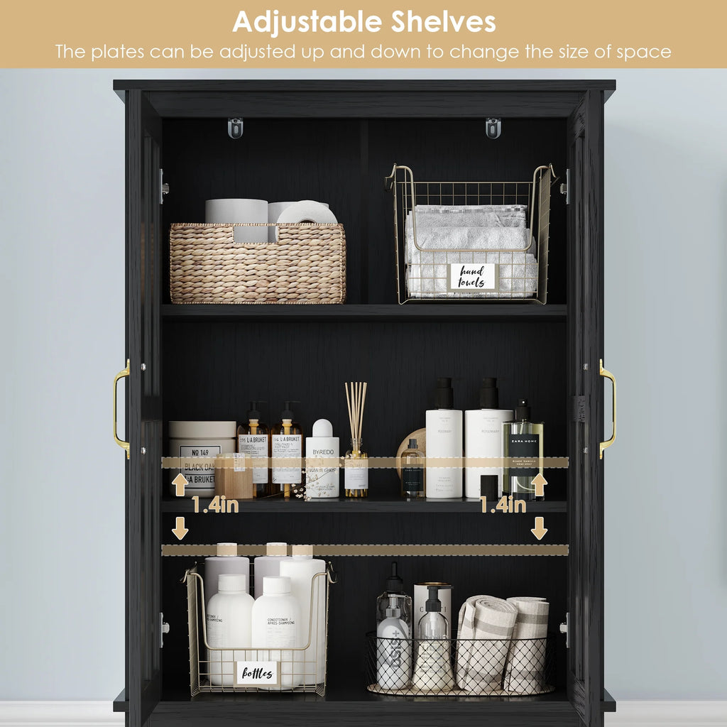 Black 71'' Wood Linen Cabinet with 4 Glass Doors H76896