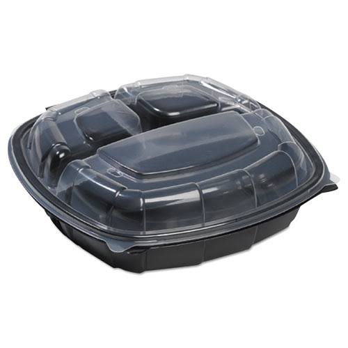 Black Base Clear Lid 3-Compartment Hinged Square Container J7560