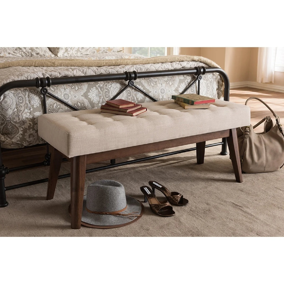 Walnut Wood Light Beige Fabric Bench J4245