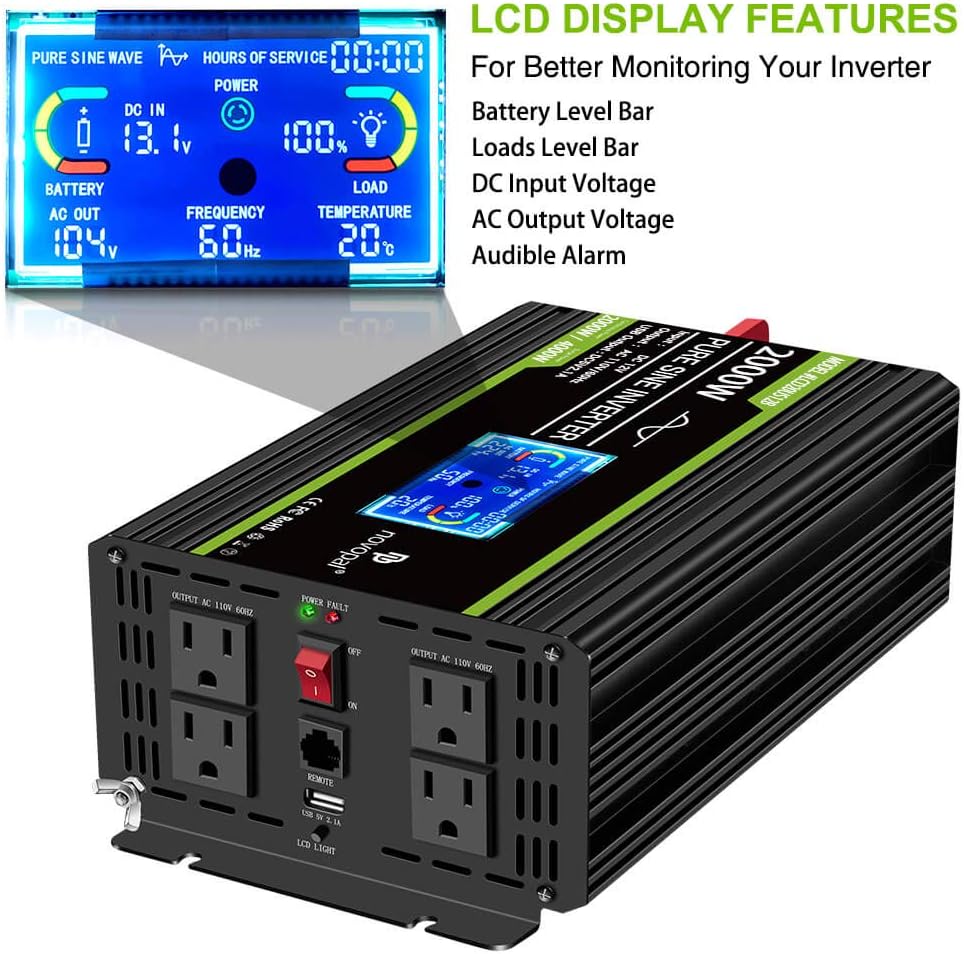 2000 Watt Pure Sine Wave Power Inverter 12V DC to 110V/120V AC Converter U1222