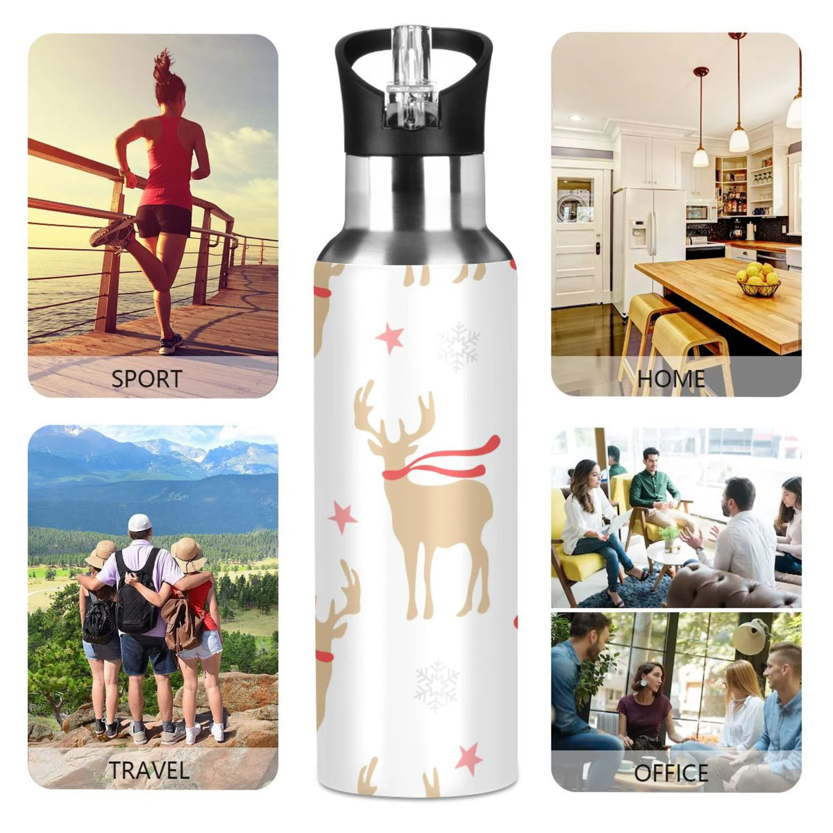 Gold Deers and Snowflakes Stainless Steel Insulated Water Bottle with Straw Lid B25406