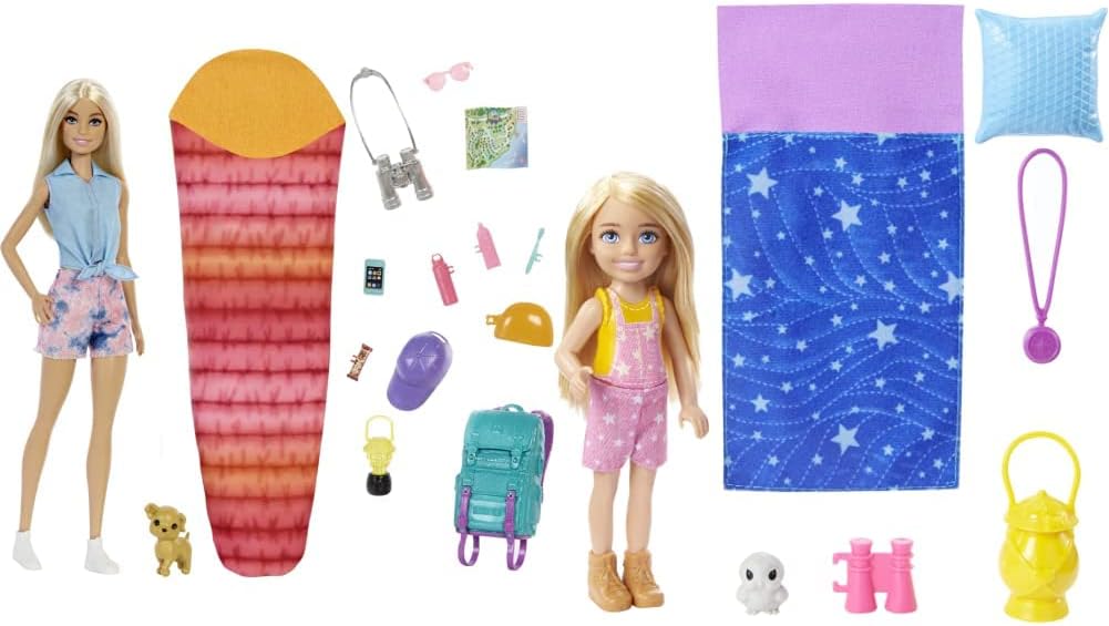 Barbie Doll and Accessories, Camping Doll with Pet Puppy and 10+ Accessories Camping Playset + Chelsea Doll (6 in, Blonde), Pet Owl, Sleeping Bag, Binocu Q422231