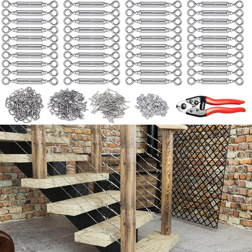 5Set 1/8 Cable Railing Kit Hardware Turnbuckle M5 Eye to Eye and 165' Wire Rope for Wood Post Stainless Steel Angle Adjustable 5 Cable Lines Z187777