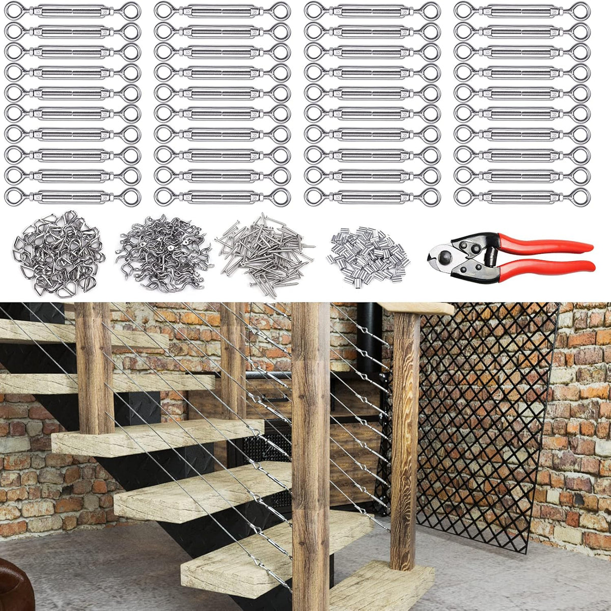 5Set 1/8 Cable Railing Kit Hardware Turnbuckle M5 Eye to Eye and 165' Wire Rope for Wood Post Stainless Steel Angle Adjustable 5 Cable Lines Z187777